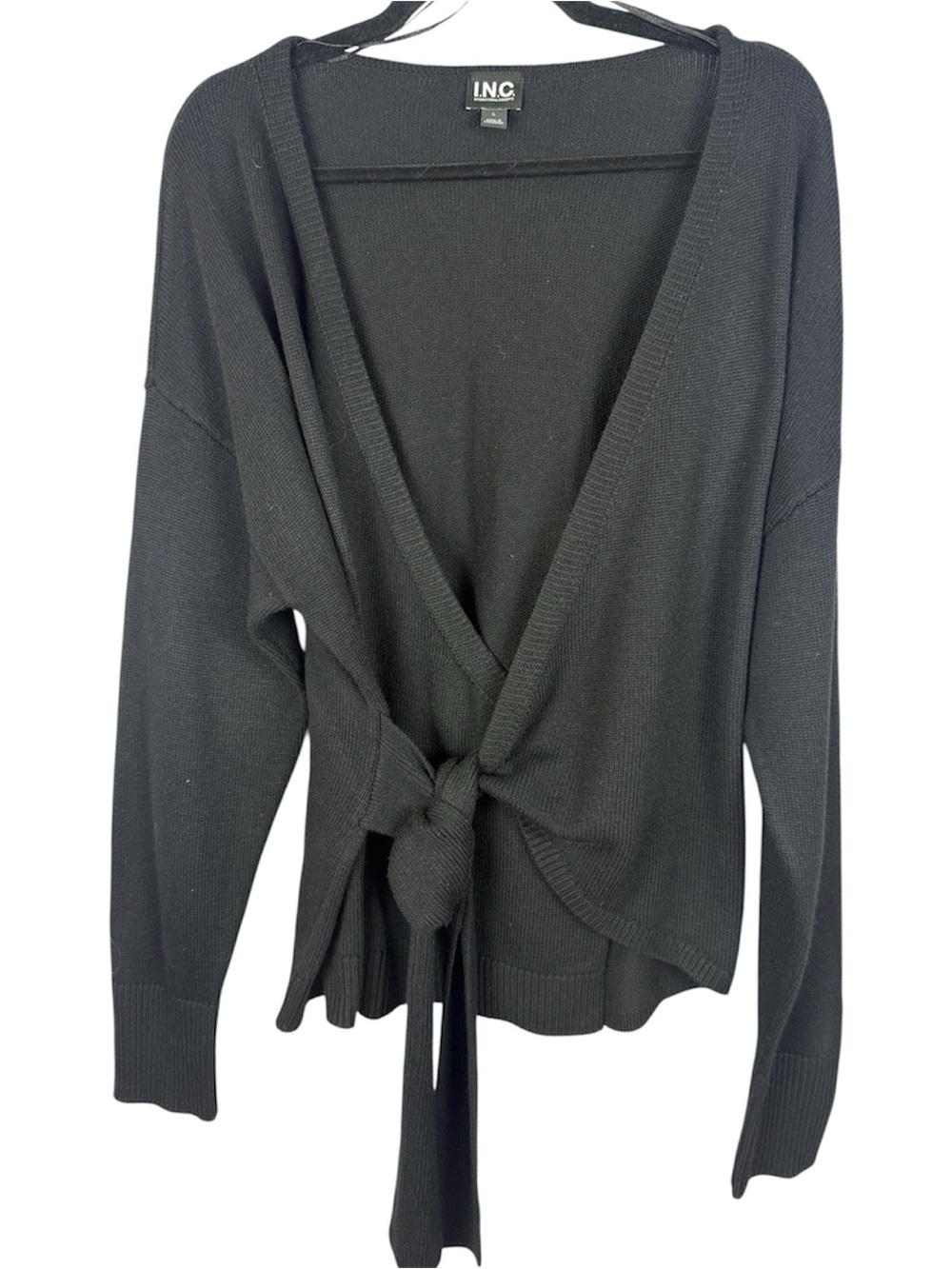 INC International Concepts Black Knit Wrap Tie Cardigan Sweater L